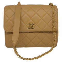 1990s Antique Chanel Beige Caviar Leather Flap Bag