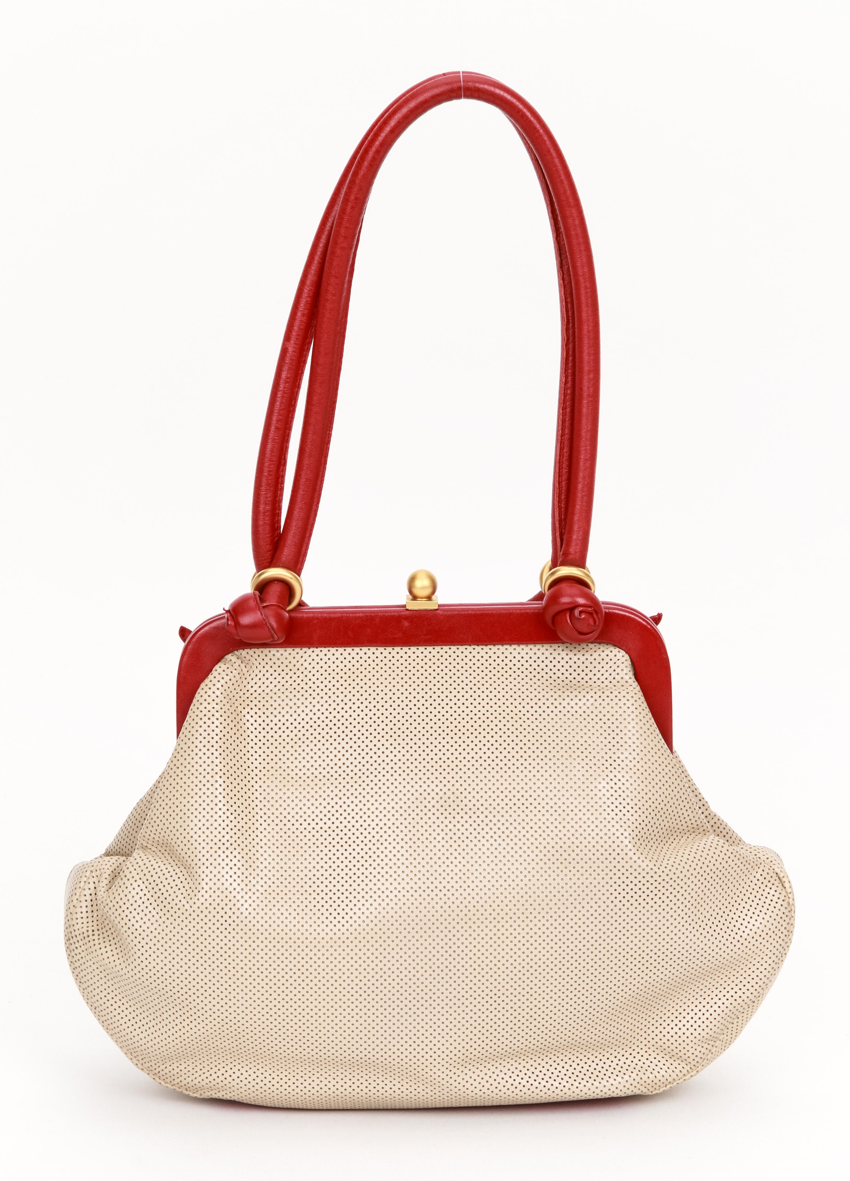 1990's Vintage Chanel Beige & Red Perforated Bow Bag In Good Condition In West Hollywood, CA