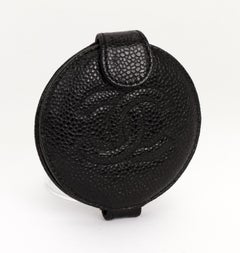 1990's Vintage Chanel Black Caviar Leather Compact Mirror