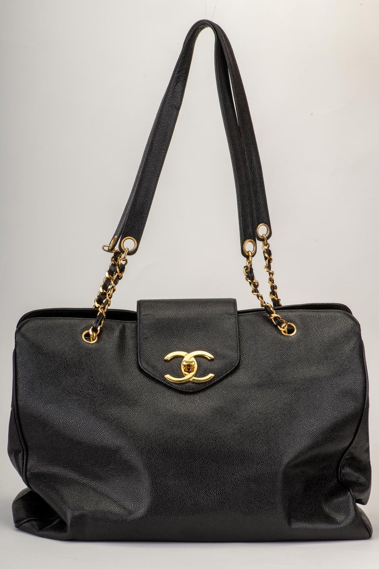 1990's Vintage Chanel Black Caviar Supermodel Weekender Travel Bag