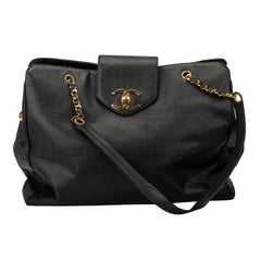 1990
s Vintage Chanel Black Caviar Supermodel Weekender Travel Bag