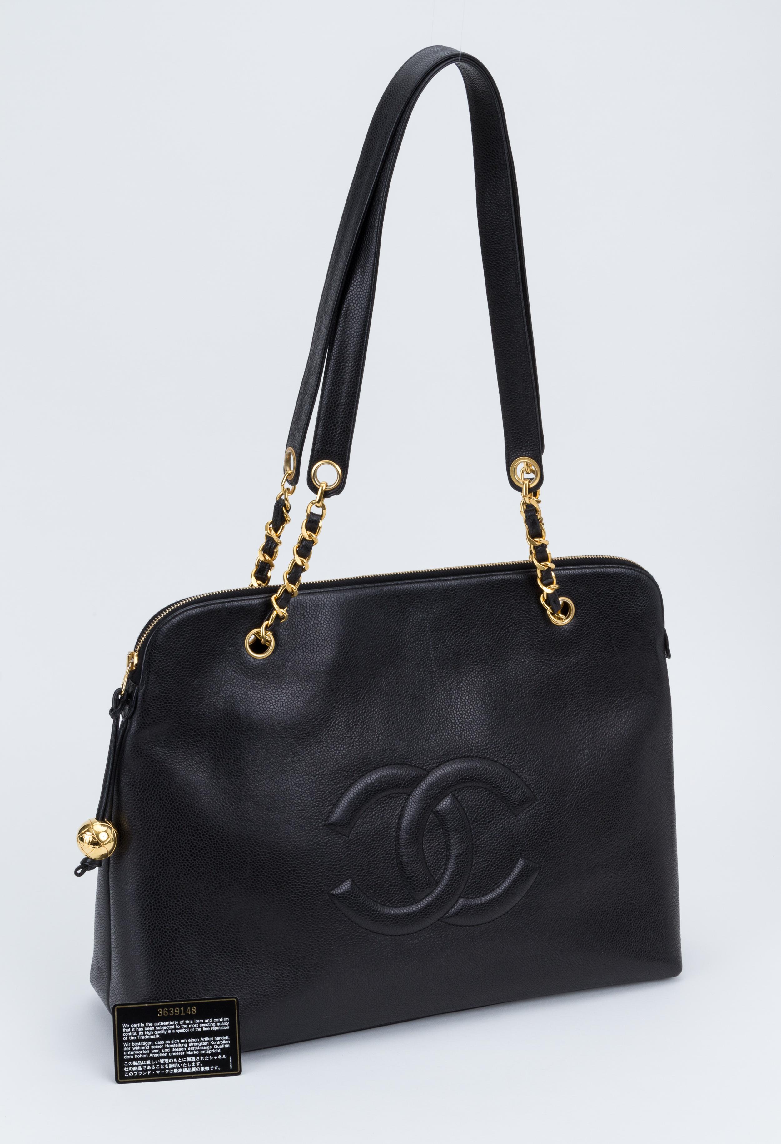 1990's Vintage Chanel Black Caviar Zipper Tote Bag 1