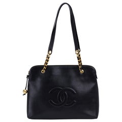 1990's Vintage Chanel Black Caviar Zipper Tote Bag