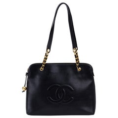 1990's Vintage Chanel Black Caviar Zipper Tote Bag