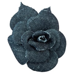 1990s Vintage CHANEL Black Denim Camellia Brooch