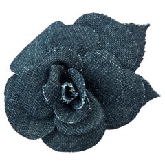 1990s Vintage CHANEL Black Denim Camellia Brooch
