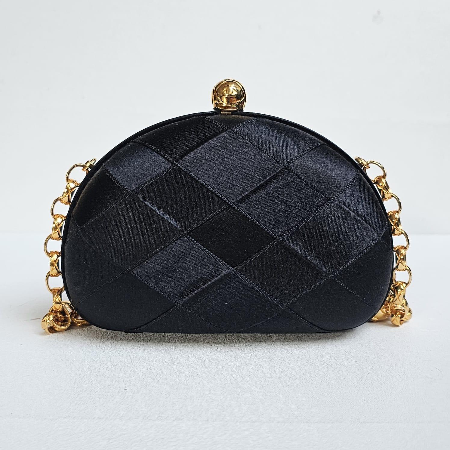1990s Vintage Chanel Black Satin Quilted Chain Clutch with Tassel 6