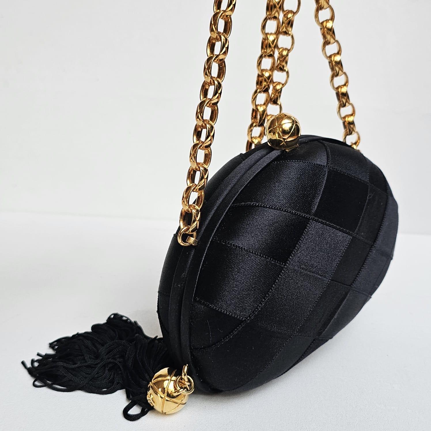 1990s Vintage Chanel Black Satin Quilted Chain Clutch with Tassel 7