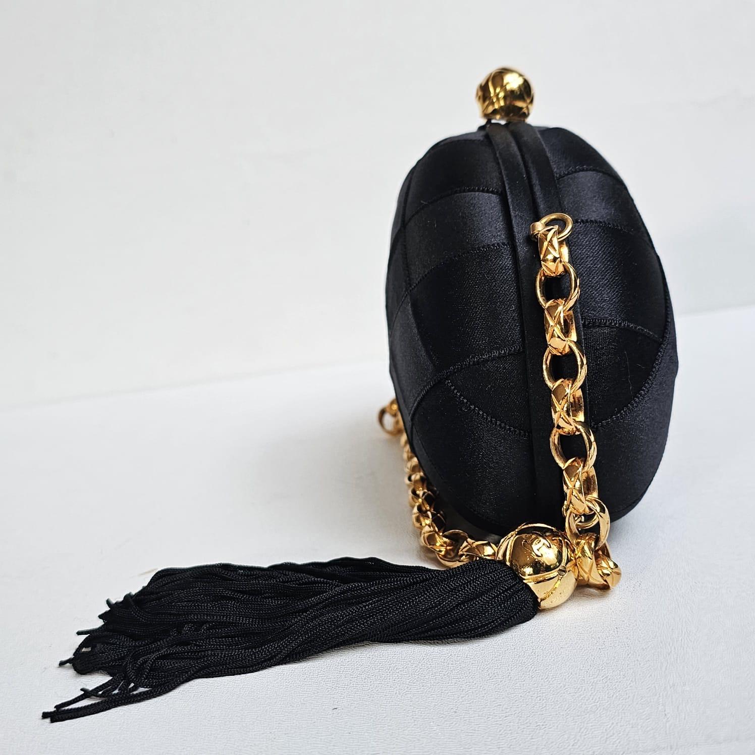 1990s Vintage Chanel Black Satin Quilted Chain Clutch with Tassel 8