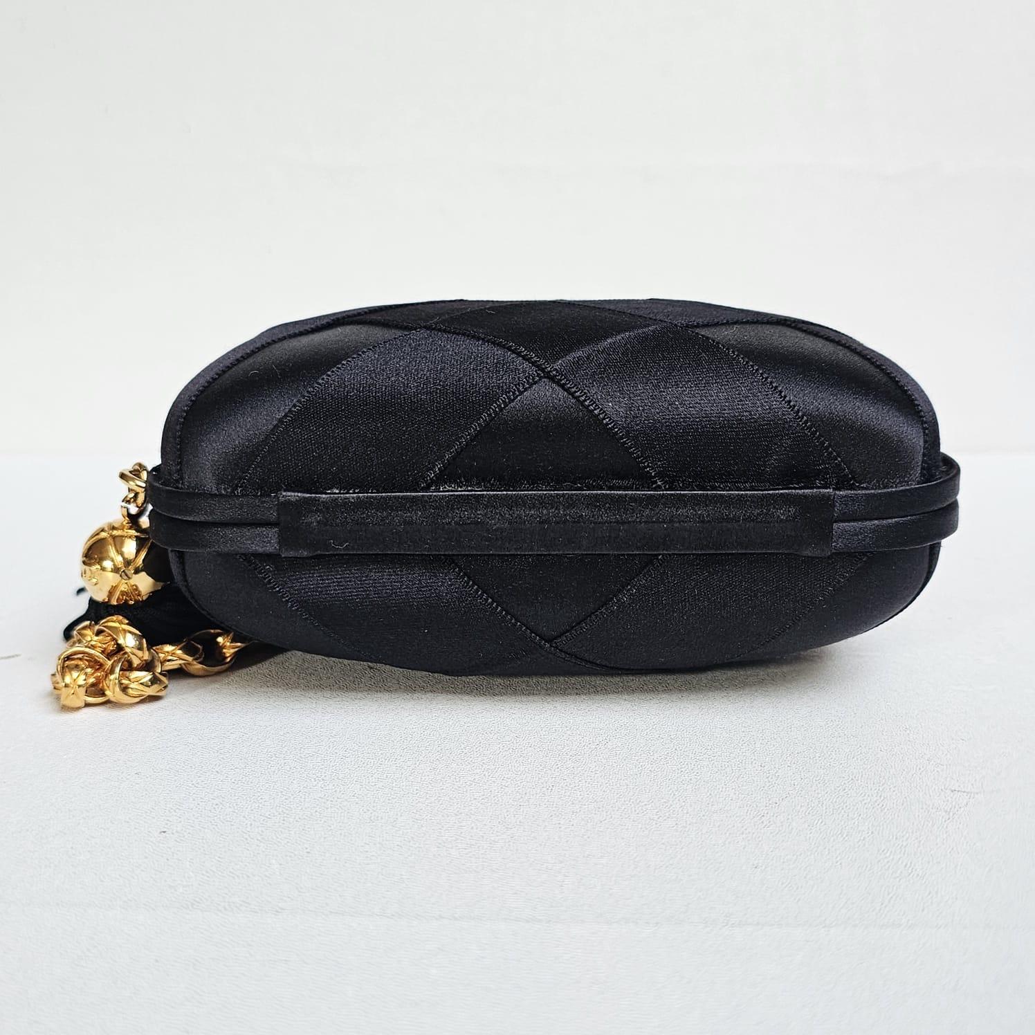 1990s Vintage Chanel Black Satin Quilted Chain Clutch with Tassel 9