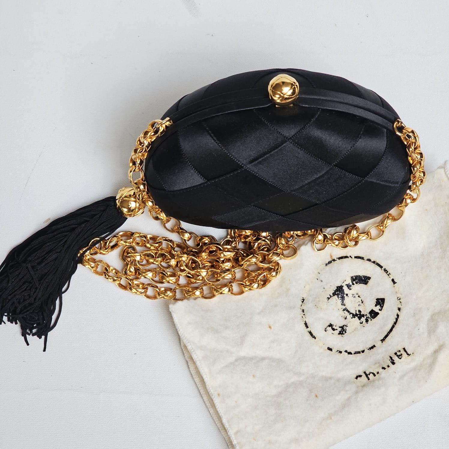 1990s Vintage Chanel Black Satin Quilted Chain Clutch with Tassel 13