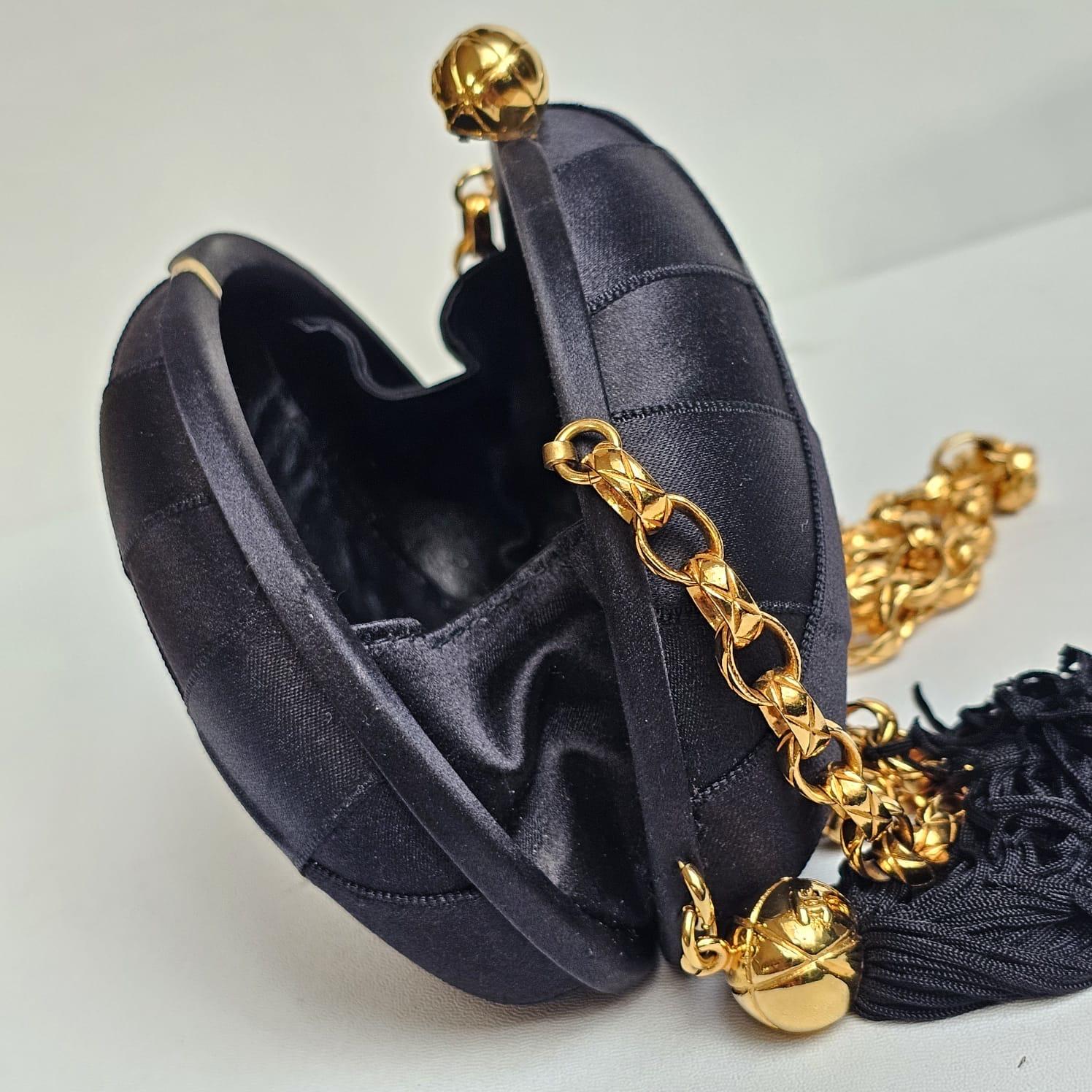 1990s Vintage Chanel Black Satin Quilted Chain Clutch with Tassel 15
