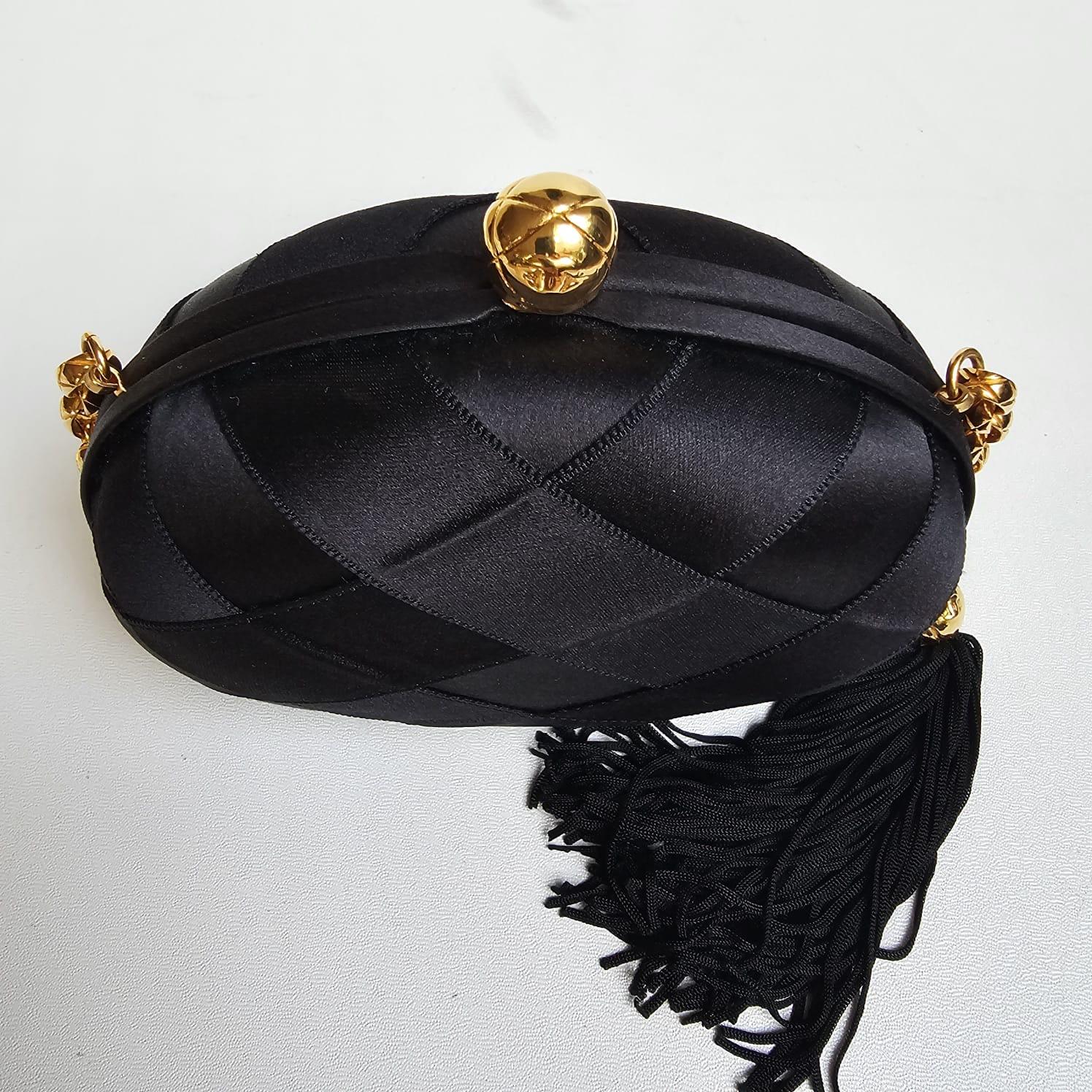 1990s Vintage Chanel Black Satin Quilted Chain Clutch with Tassel 16