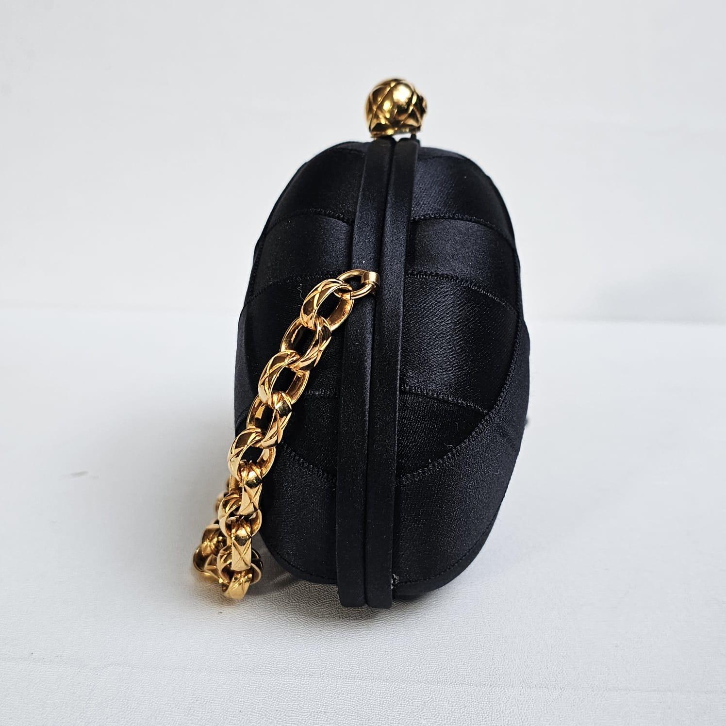 1990s Vintage Chanel Black Satin Quilted Chain Clutch with Tassel 1