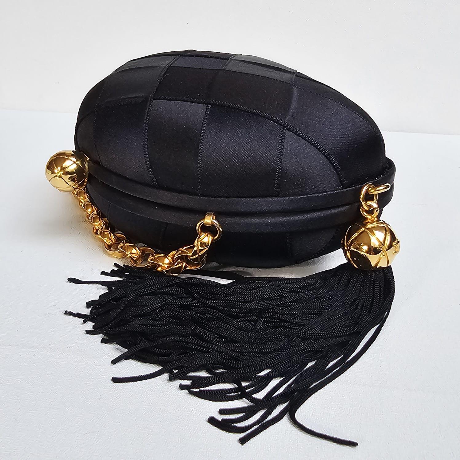1990s Vintage Chanel Black Satin Quilted Chain Clutch with Tassel 2