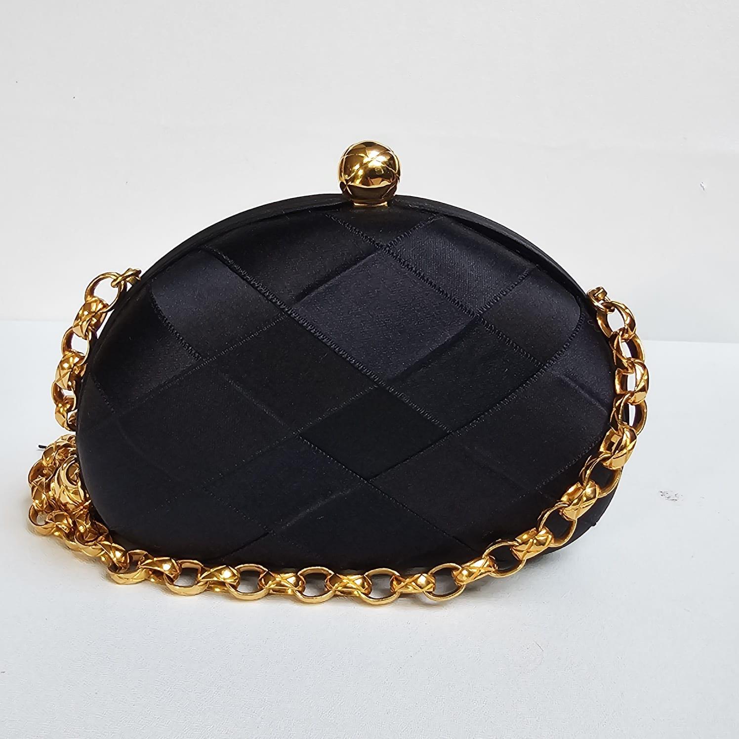 1990s Vintage Chanel Black Satin Quilted Chain Clutch with Tassel 3