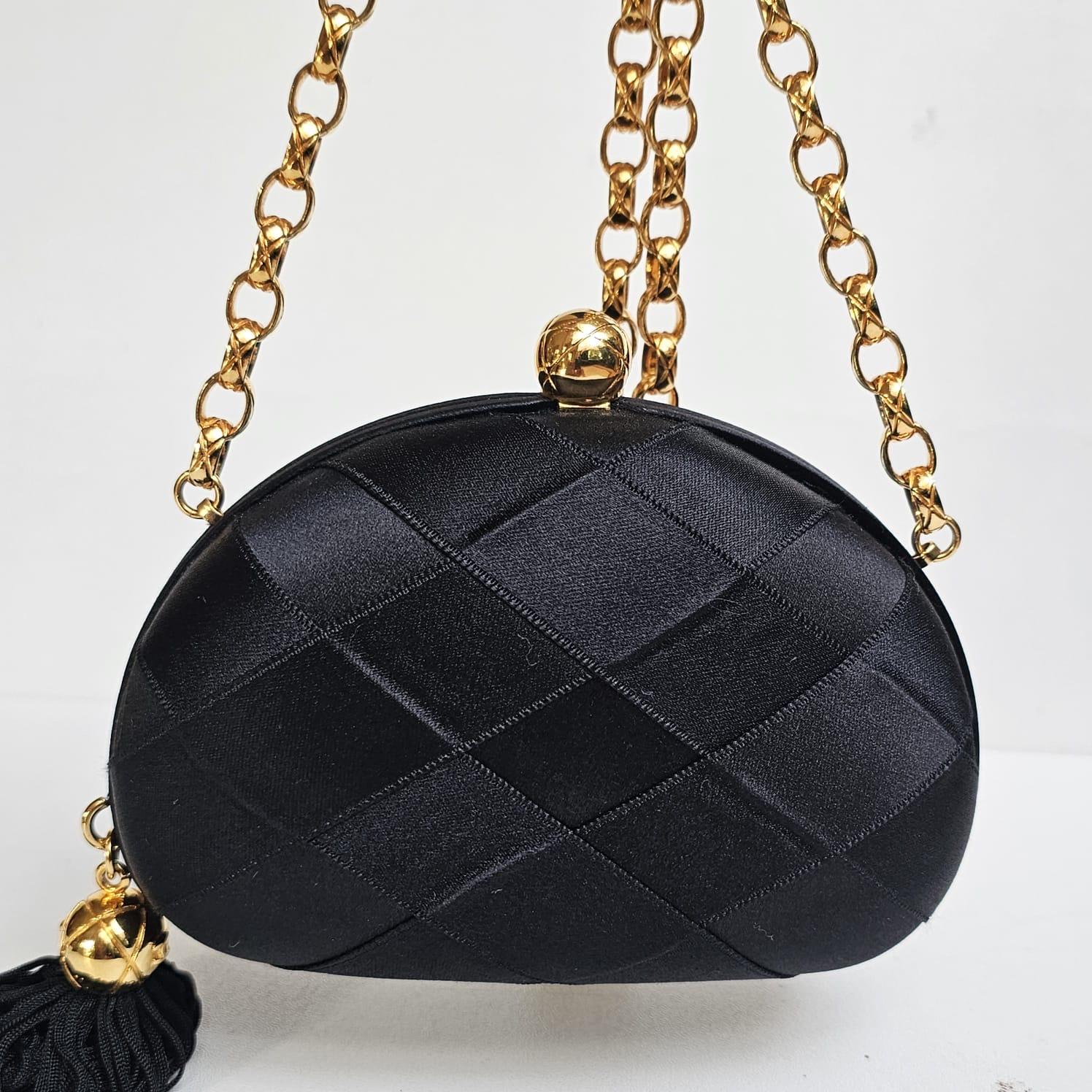 1990s Vintage Chanel Black Satin Quilted Chain Clutch with Tassel 4