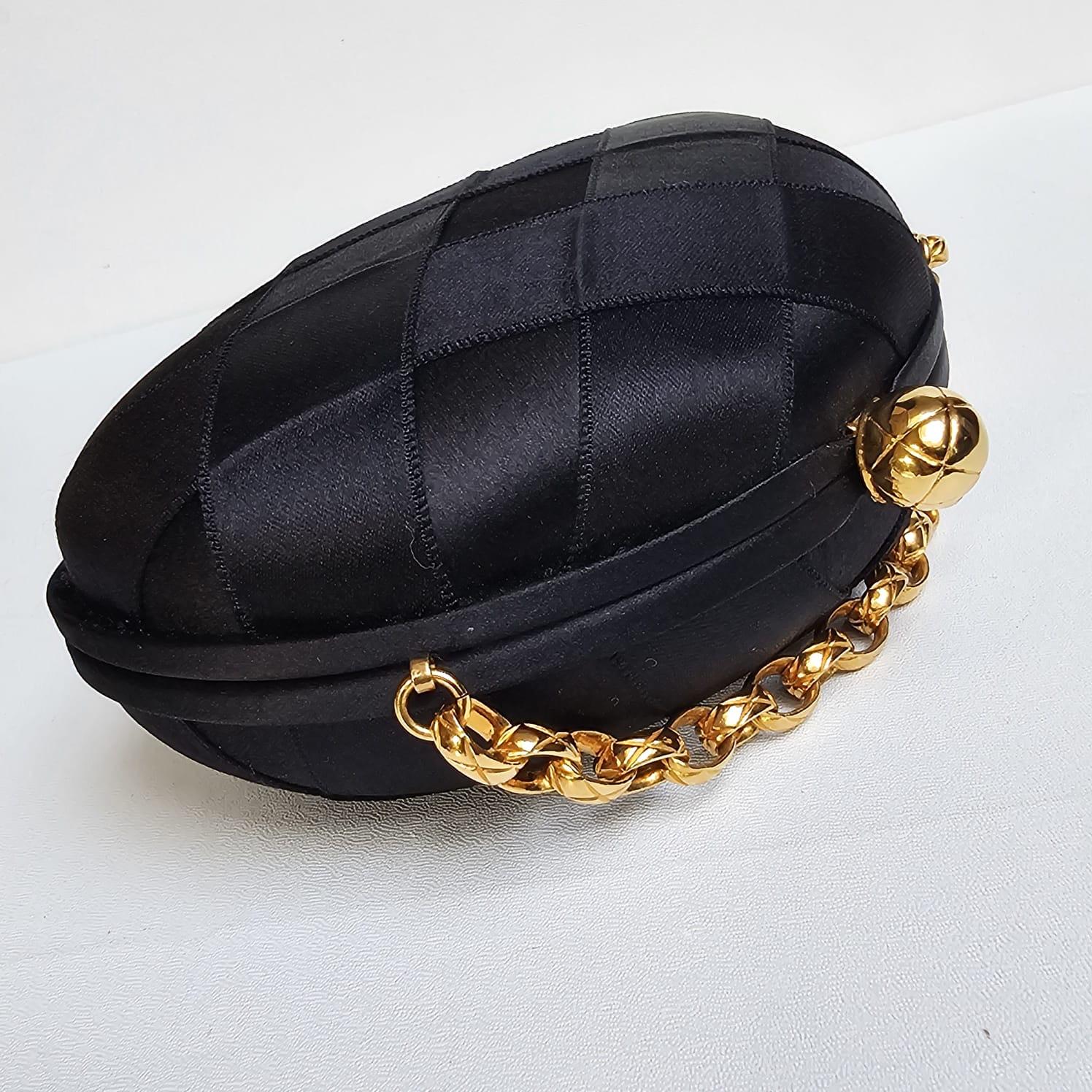 1990s Vintage Chanel Black Satin Quilted Chain Clutch with Tassel 5