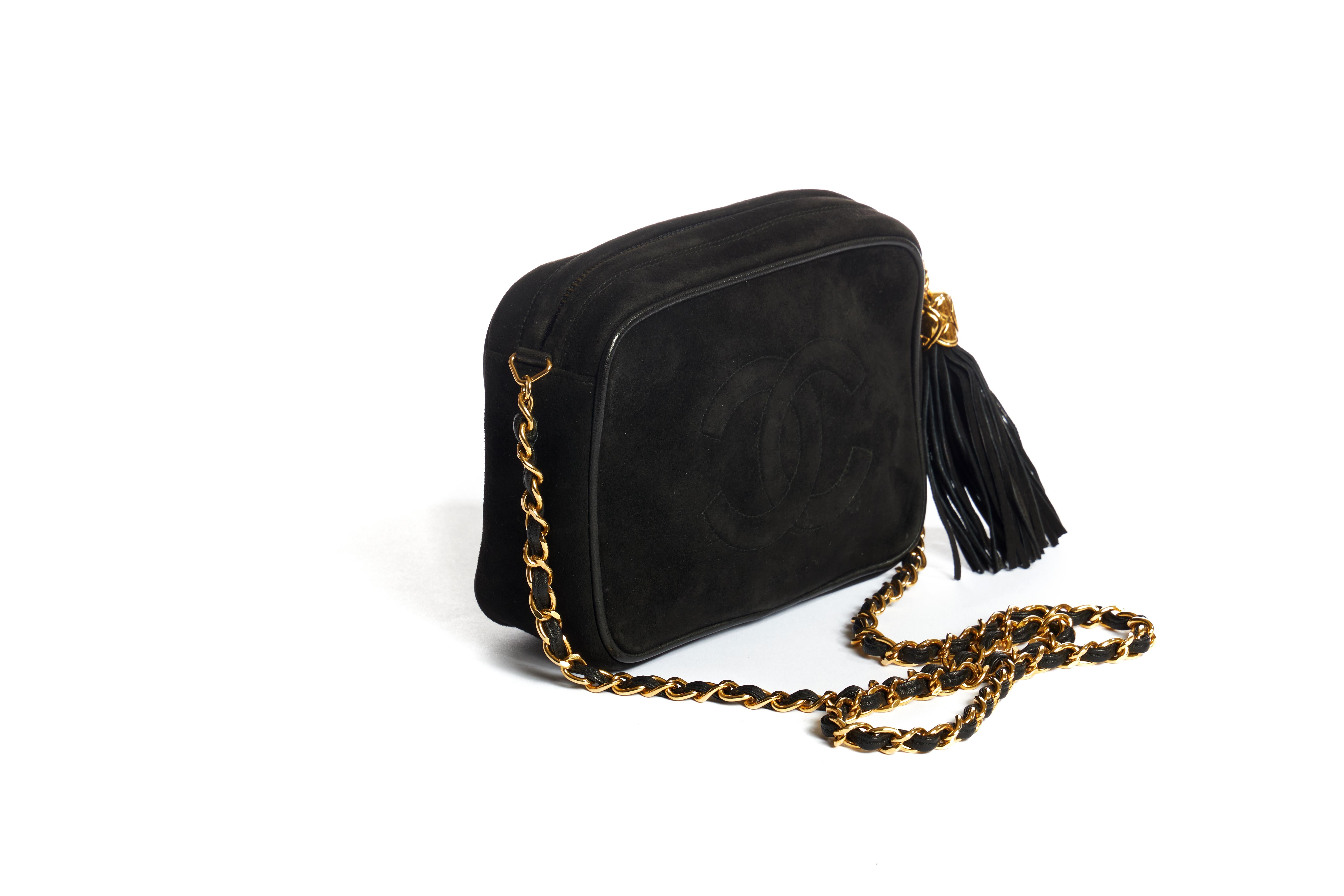 Chanel black suede 90s camera bag with dangling tassel. Shoulder drop 18.5