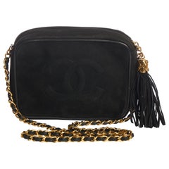 1990's Vintage Chanel Black Suede Camera Bag with Tassel