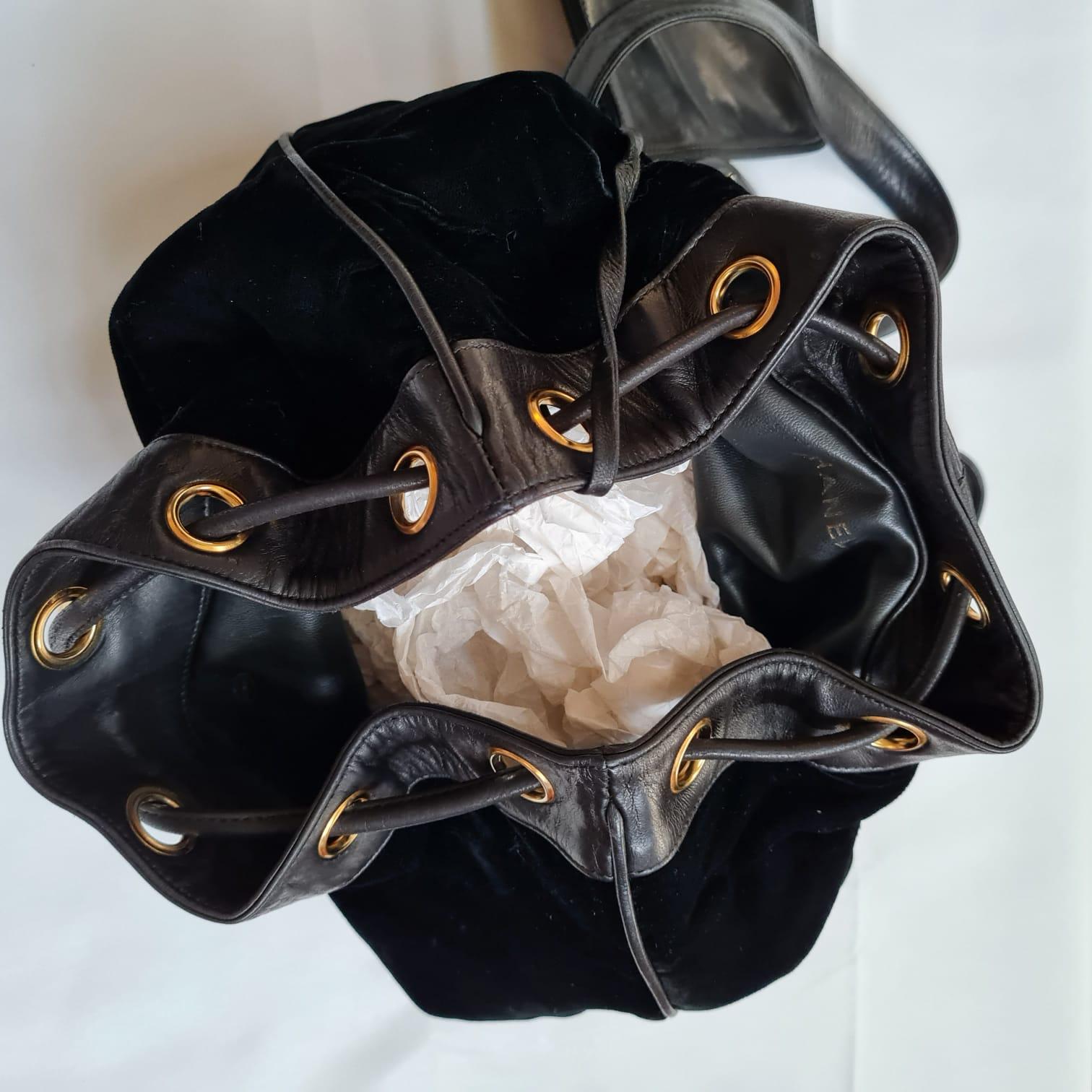 1990s Vintage Chanel Black Velvet Drawstring CC Backpack 8