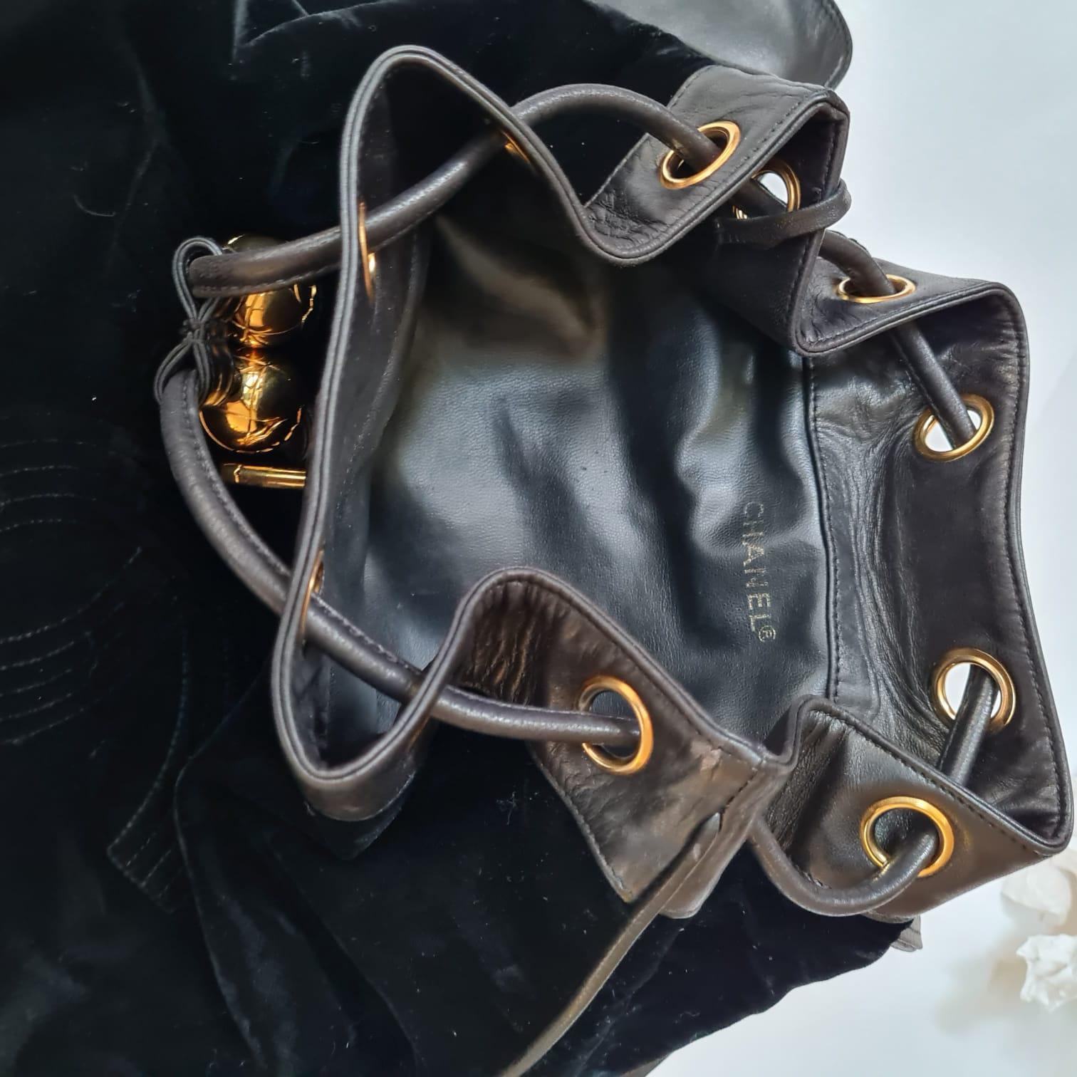 1990s Vintage Chanel Black Velvet Drawstring CC Backpack 9