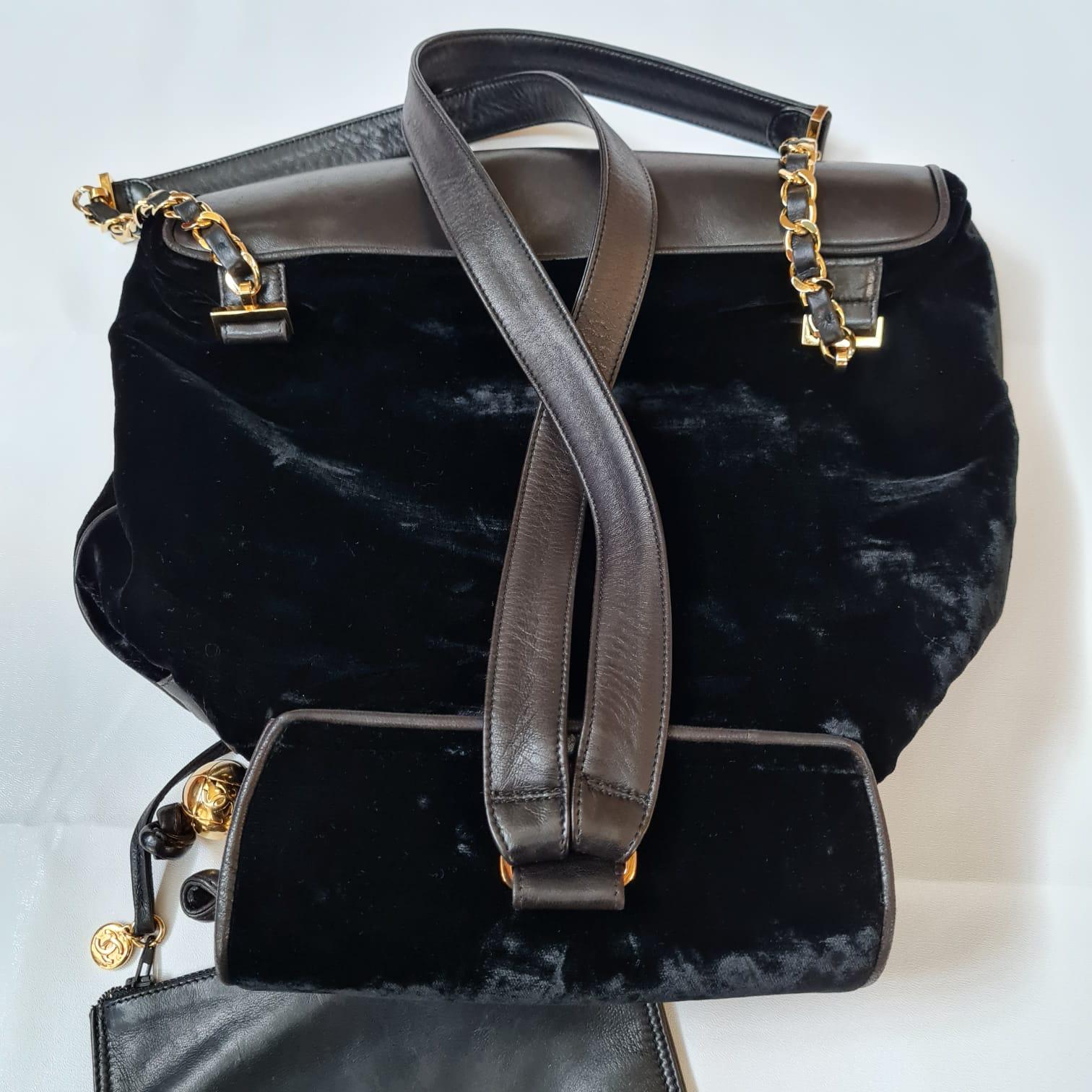 1990s Vintage Chanel Black Velvet Drawstring CC Backpack 13
