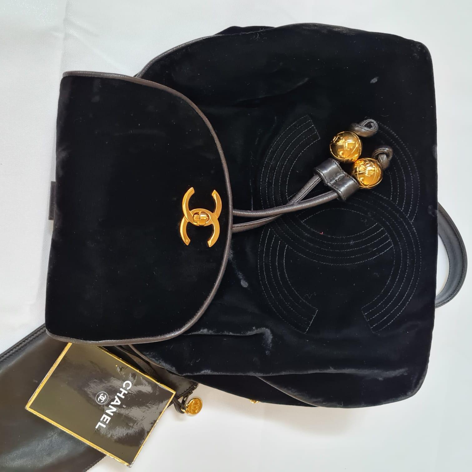 1990s Vintage Chanel Black Velvet Drawstring CC Backpack 14