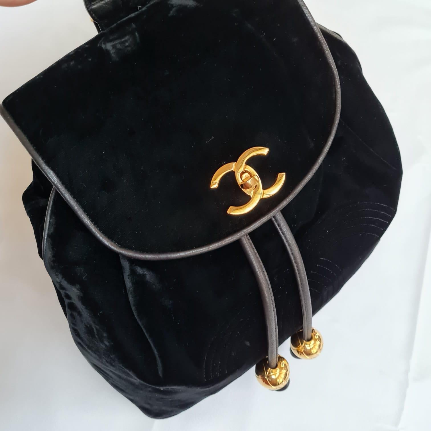 1990s Vintage Chanel Black Velvet Drawstring CC Backpack 15