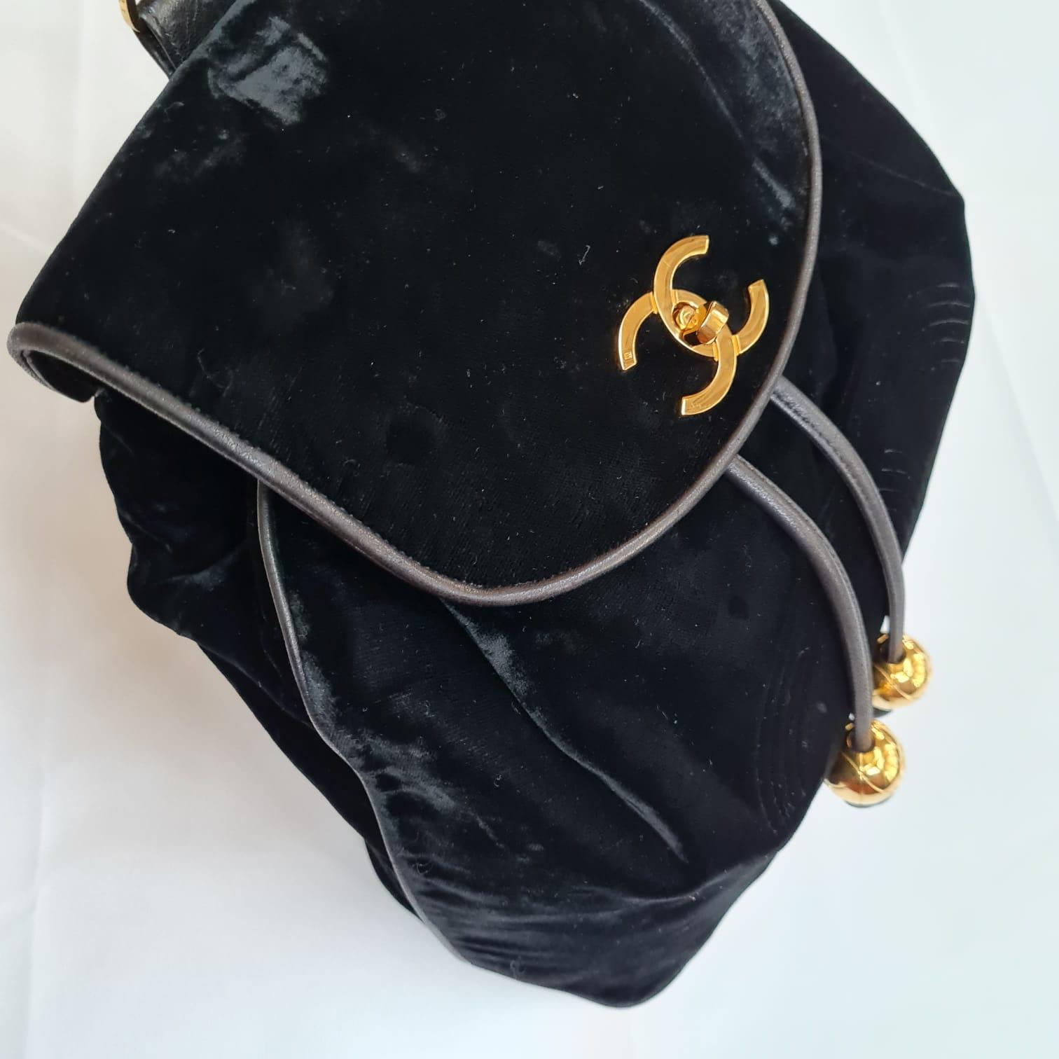 1990s Vintage Chanel Black Velvet Drawstring CC Backpack 16