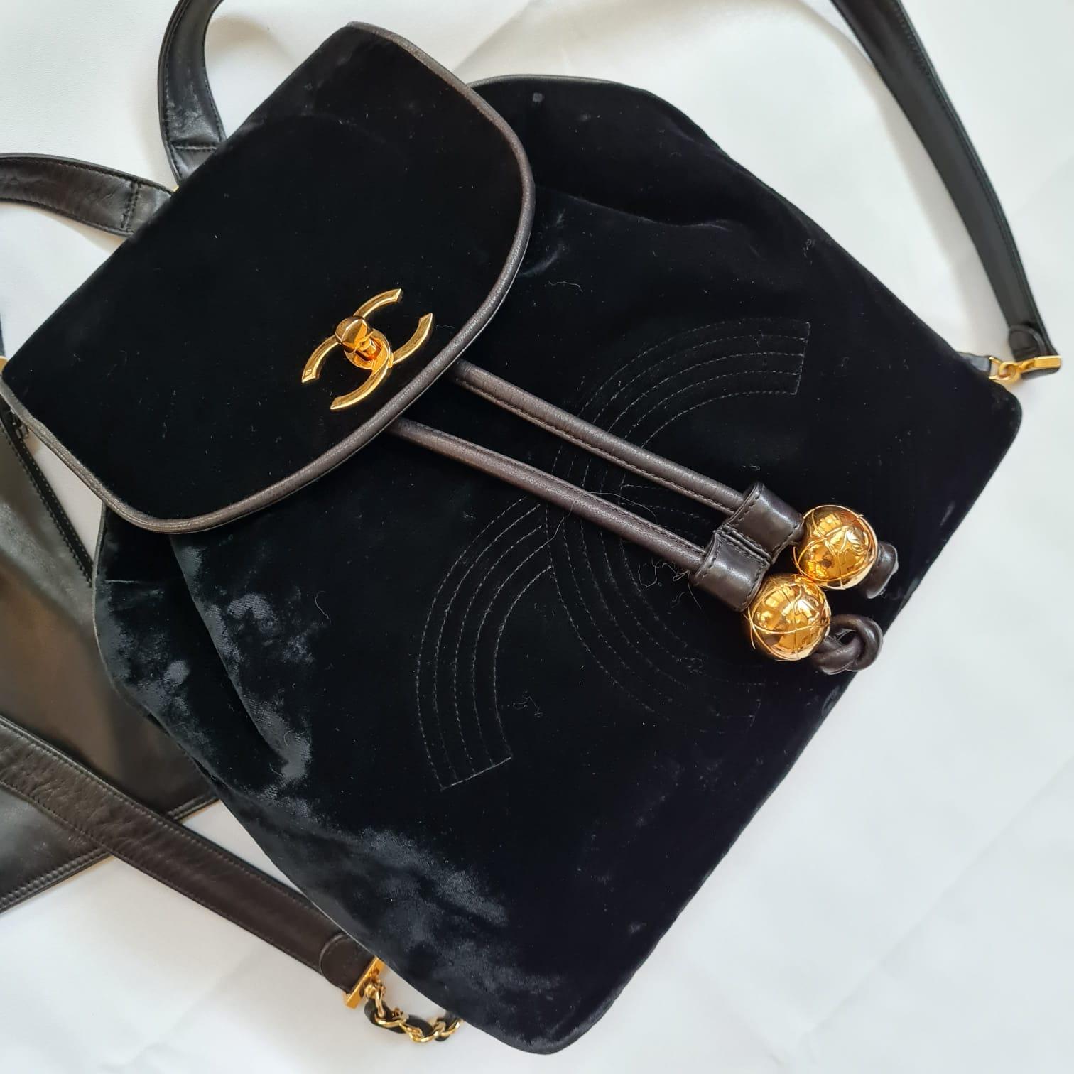 1990s Vintage Chanel Black Velvet Drawstring CC Backpack 4