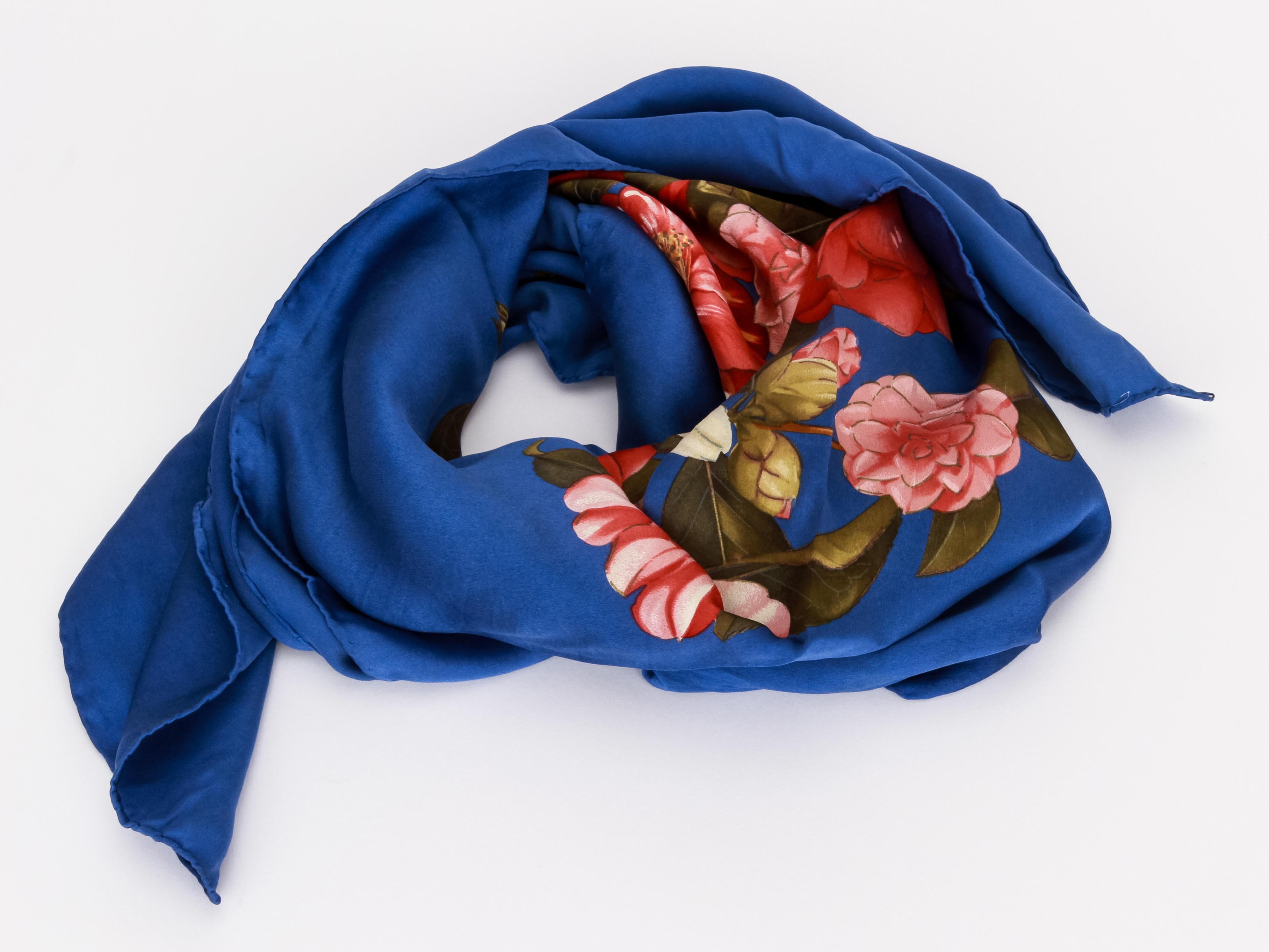 1990's Vintage Chanel Blue Flowers Bouquet Silk Scarf In Excellent Condition In West Hollywood, CA