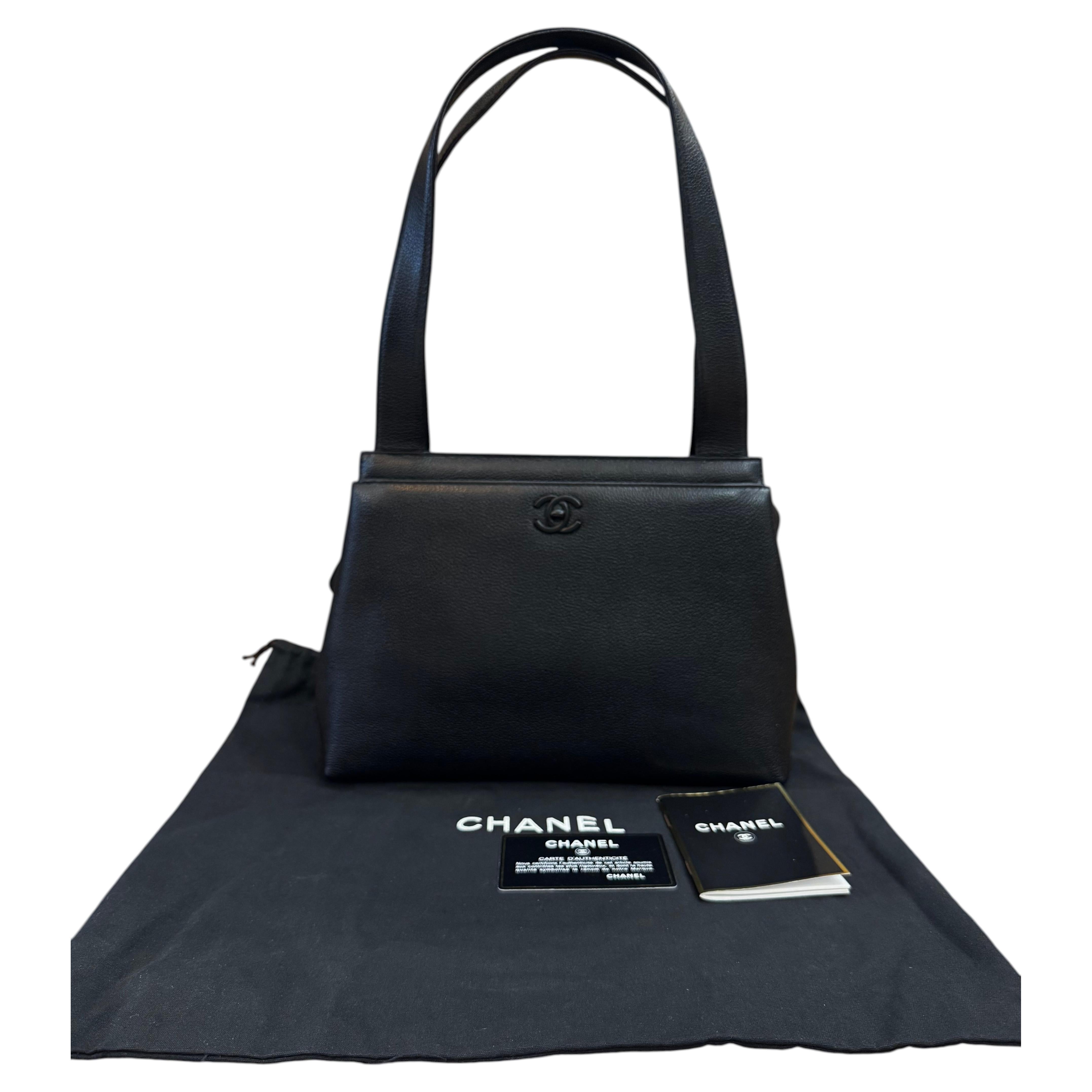 1990s Vintage CHANEL Calfskin Leather Tote Bag Small Black