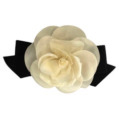 1990s Vintage CHANEL Camellia Black Ribbon Brooch Off-White