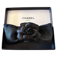 1990s Vintage CHANEL Camellia Ribbon Barrette Hair Clip Black