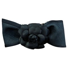 1990s Vintage CHANEL Camellia Ribbon Barrette Hair Clip Black