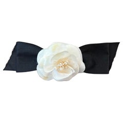1990s Vintage CHANEL Camellia Ribbon Barrette Hair Clip Off-white Black