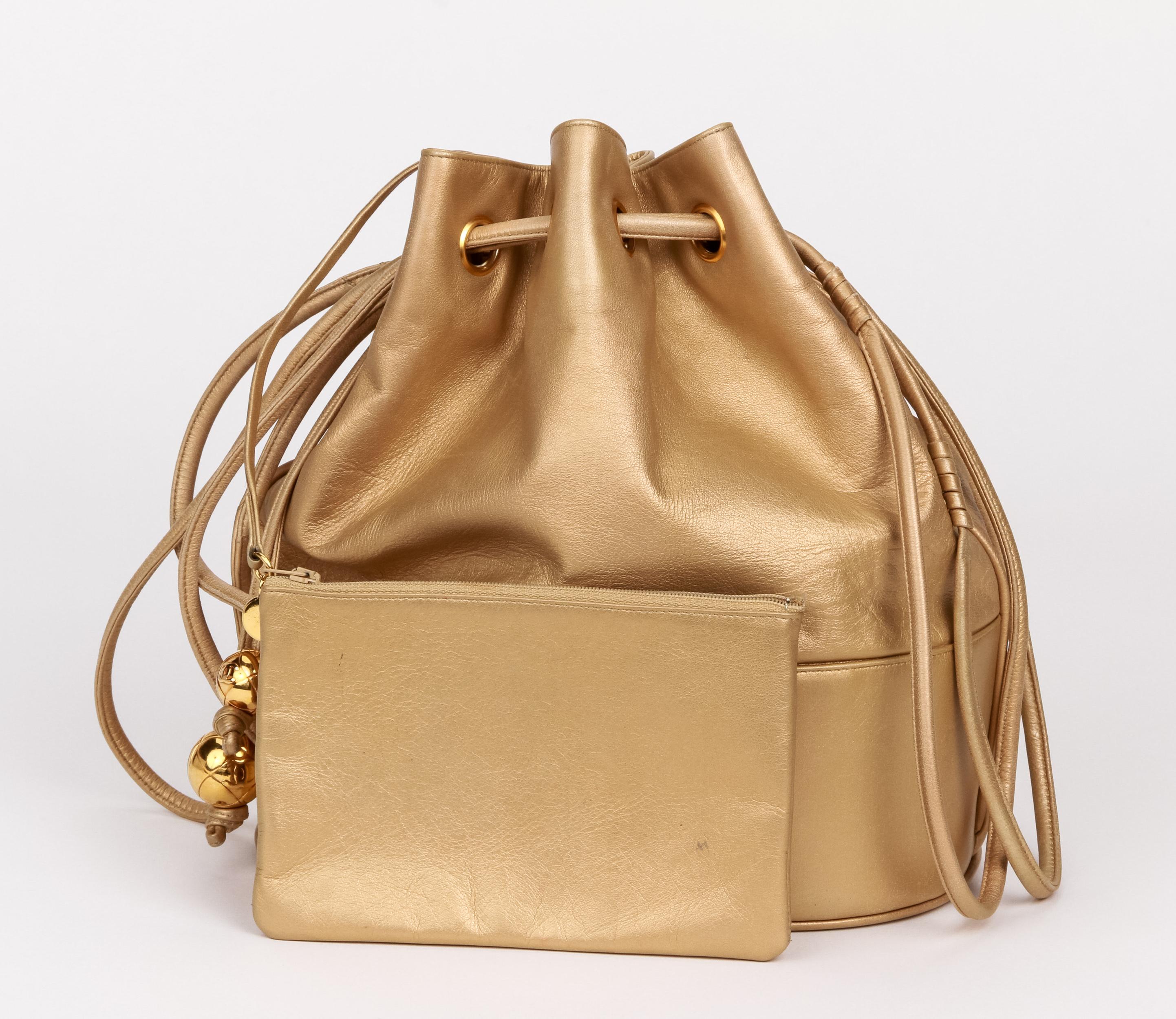 Brown 1990's Vintage Chanel Gold Lambskin Bucket Bag For Sale