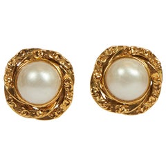 1990's Vintage Chanel Gold Pearl Logo Clip Earrings