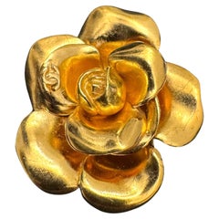 1990s Vintage CHANEL Gold Toned Camellia Brooch