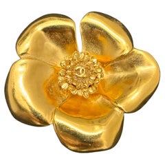 1990s Vintage CHANEL Gold Toned Camellia Brooch