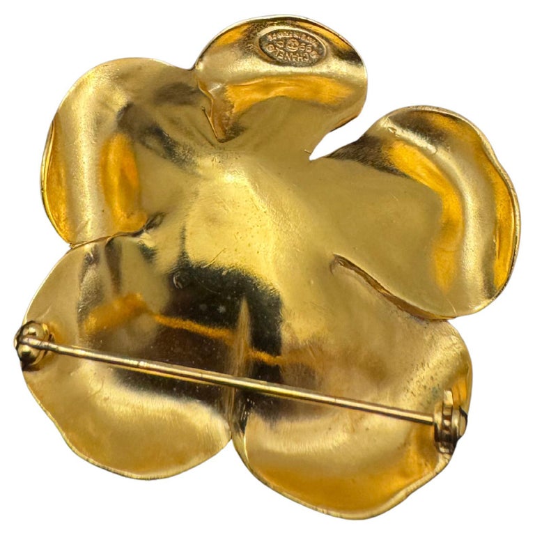 1990s Vintage CHANEL Gold Toned Camellia Brooch For Sale at 1stDibs