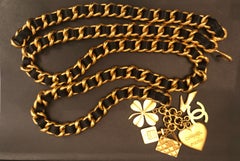 1995 Vintage CHANEL Gold Toned Chain Leather Charm Belt Heart Clover Perfume