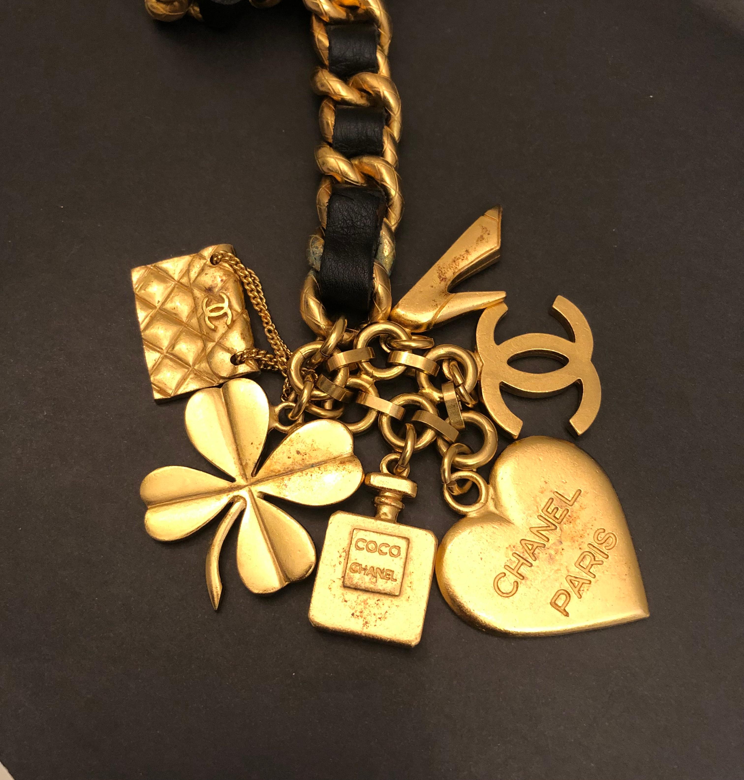 Women's or Men's 1990s Vintage CHANEL Gold Toned Chain Leather Charm Belt Heart Clover Perfume For Sale