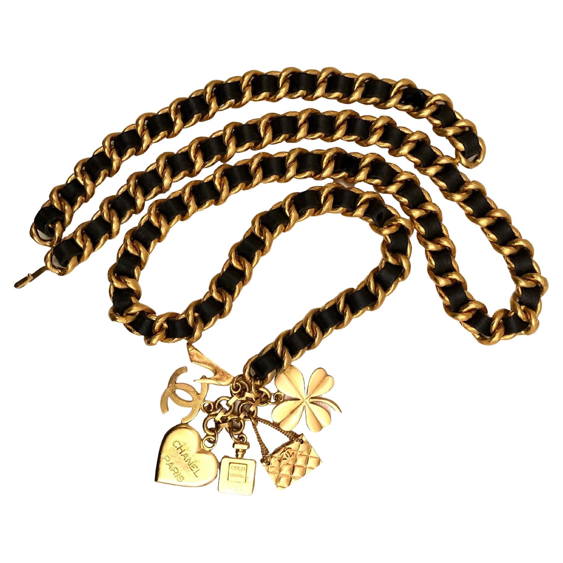 1990s Vintage CHANEL Gold Toned Chain Leather Charm Belt Heart Clover Perfume