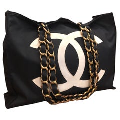 1990s Vintage CHANEL Jumbo Nylon Chain Tote Black