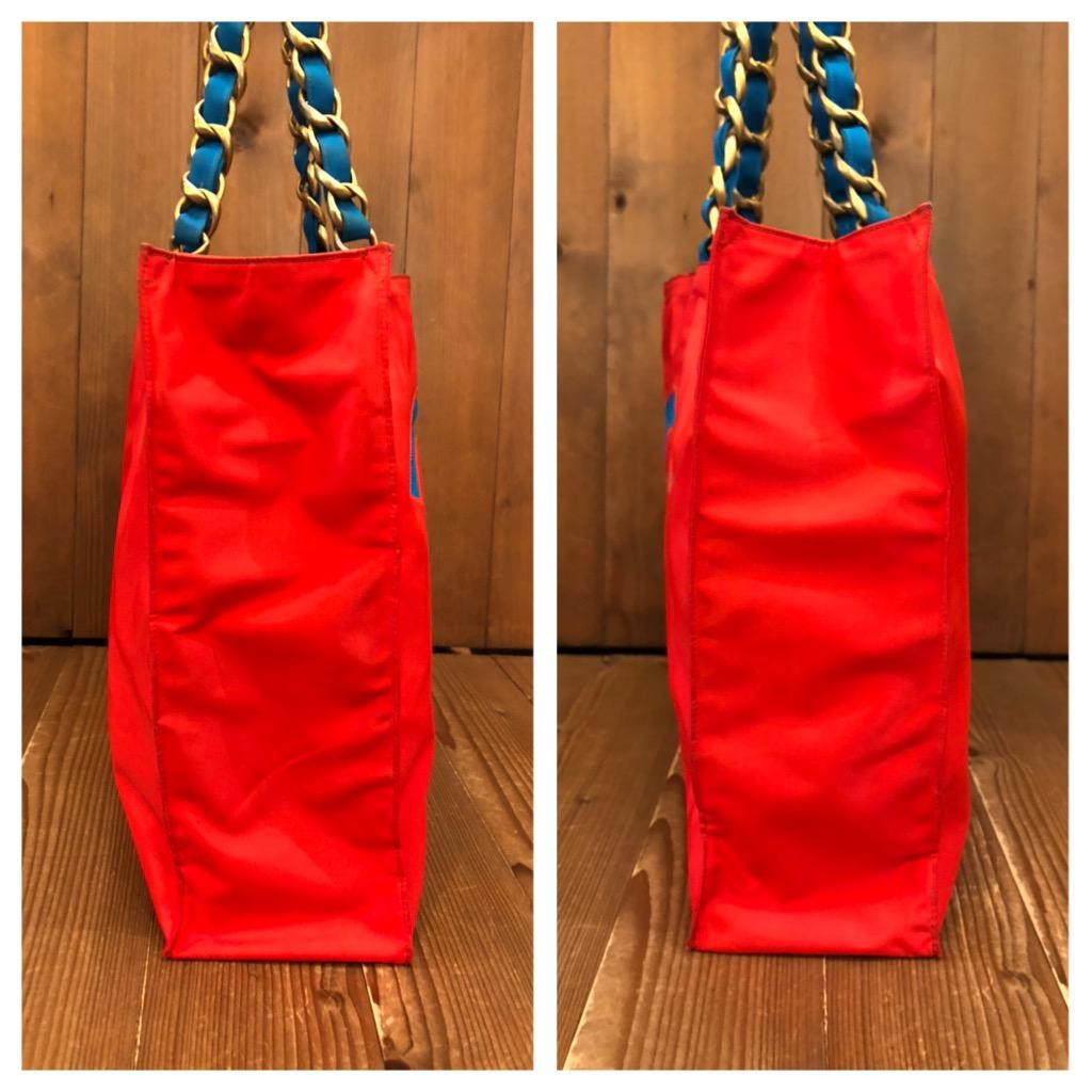 1990s Vintage CHANEL Jumbo Nylon Chain Tote Red Turquoise  5