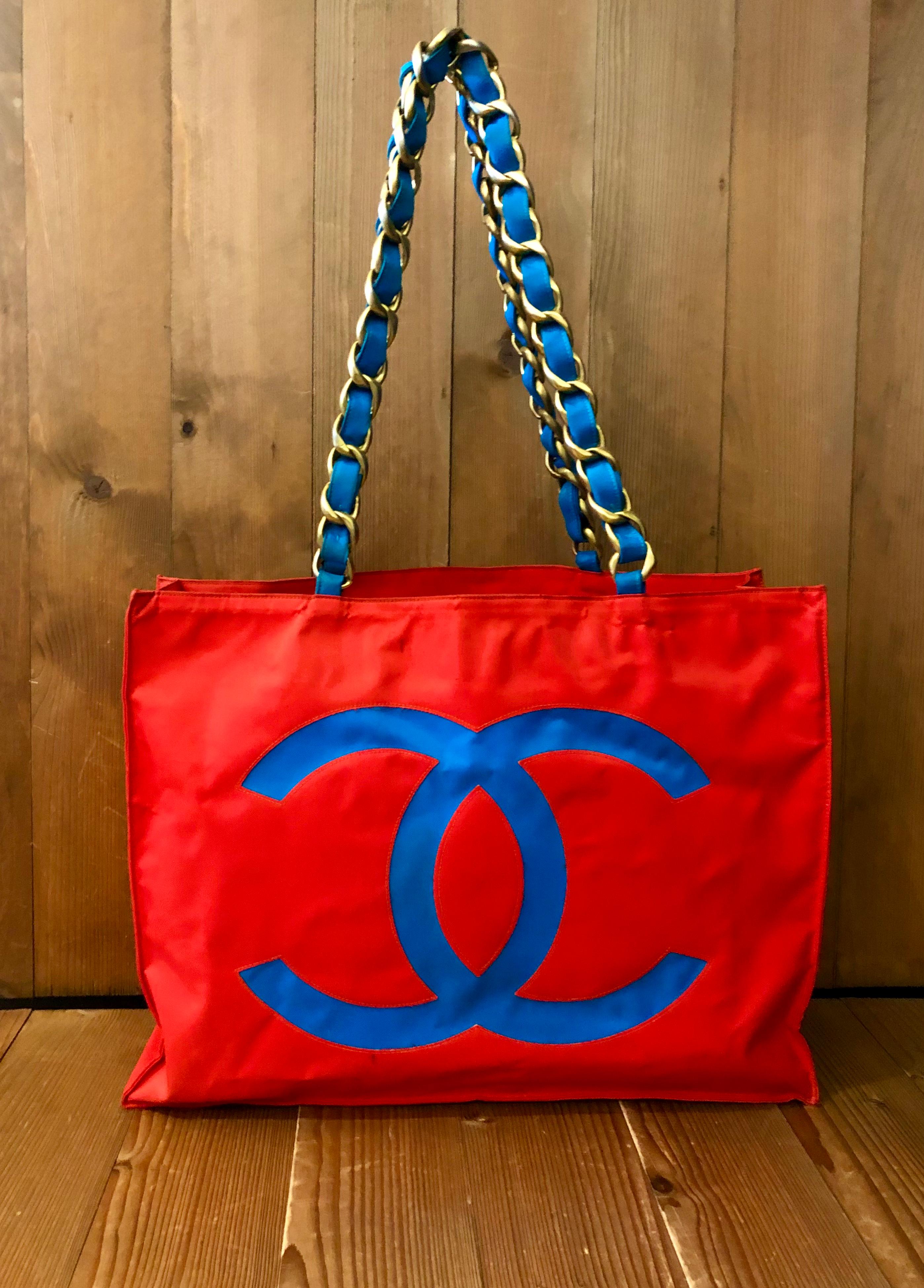 Women's or Men's 1990s Vintage CHANEL Jumbo Nylon Chain Tote Red Turquoise 