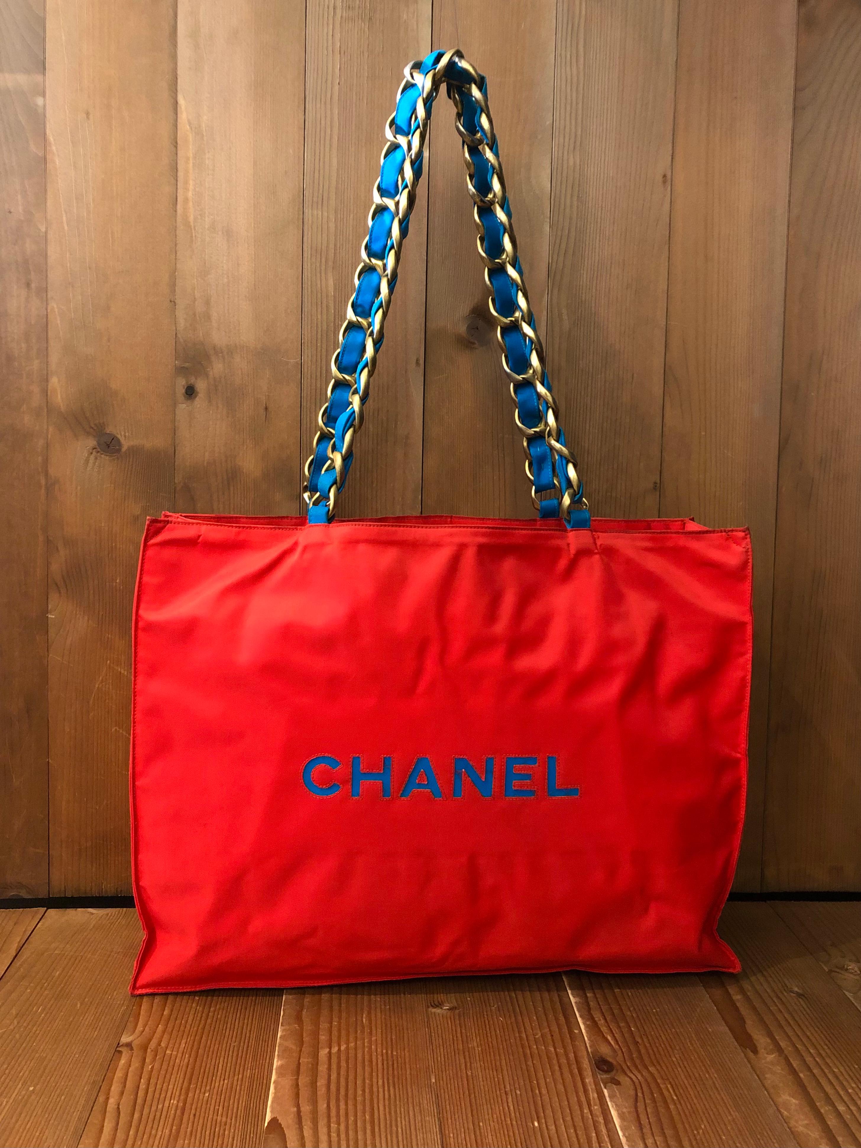 1990s Vintage CHANEL Jumbo Nylon Chain Tote Red Turquoise  1