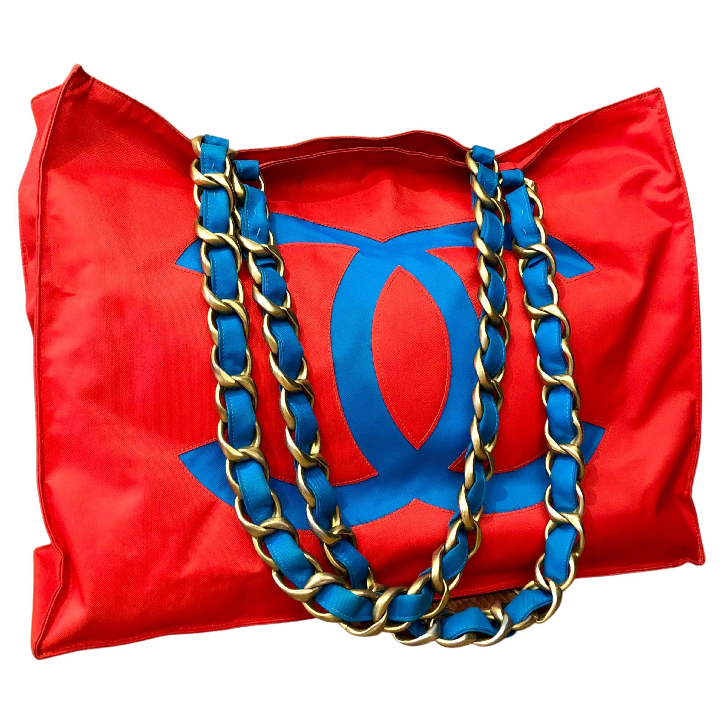 1990s Vintage CHANEL Jumbo Nylon Chain Tote Red Turquoise 